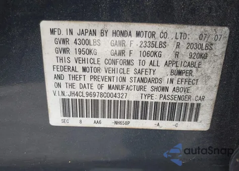 2008 Acura Tsx from USA, damaged, VIN JH4CL96978C004327